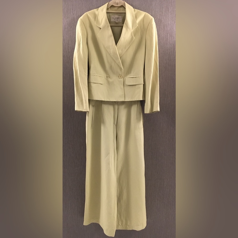 Vintage BYBLOS Lime Green Linen 2 Piece High Waisted Wide Leg Palazzo Pant Suit